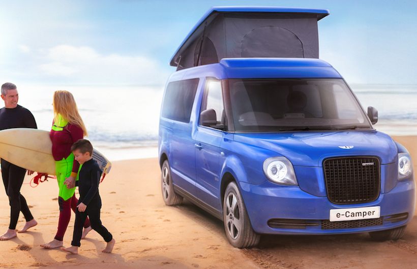 Artist impression of a LEVC e-Camper in blue, on a beach